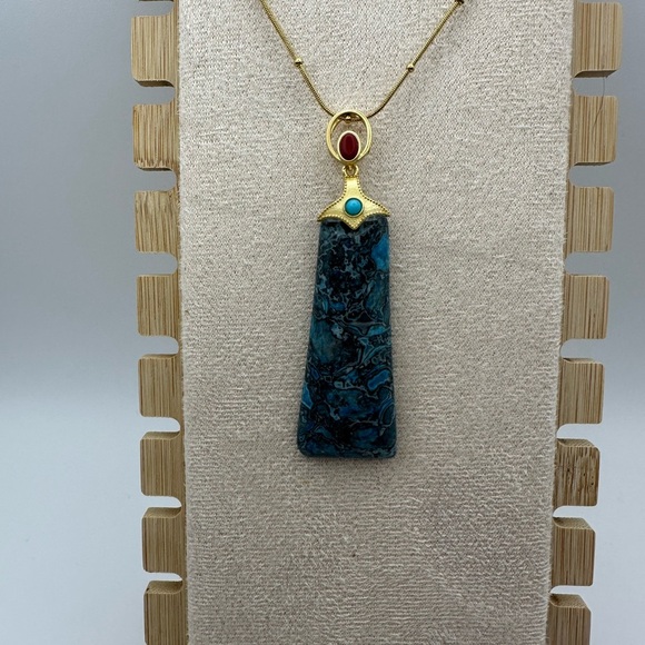 Blue Agate Triangle/Rectangle Pendant Necklace - Picture 1 of 8